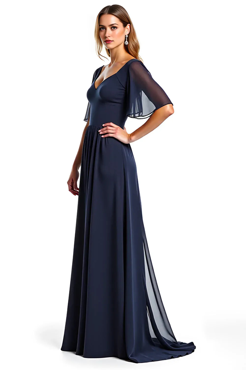 Navy Short Sleeves Sheath Long Mother Of Bride Dress