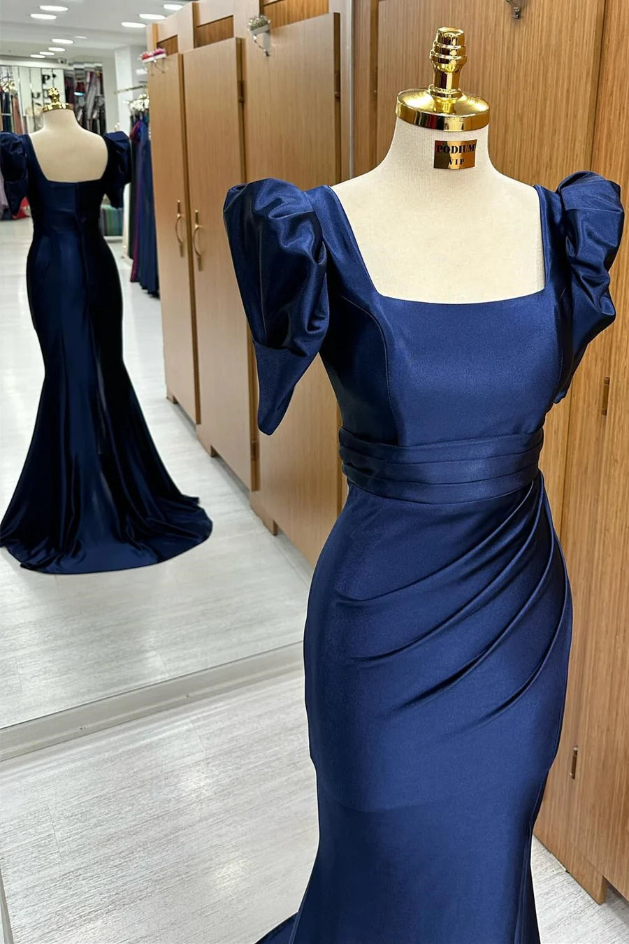 Navy Square Neck Puff Sleeve Mermaid Long Formal Dress