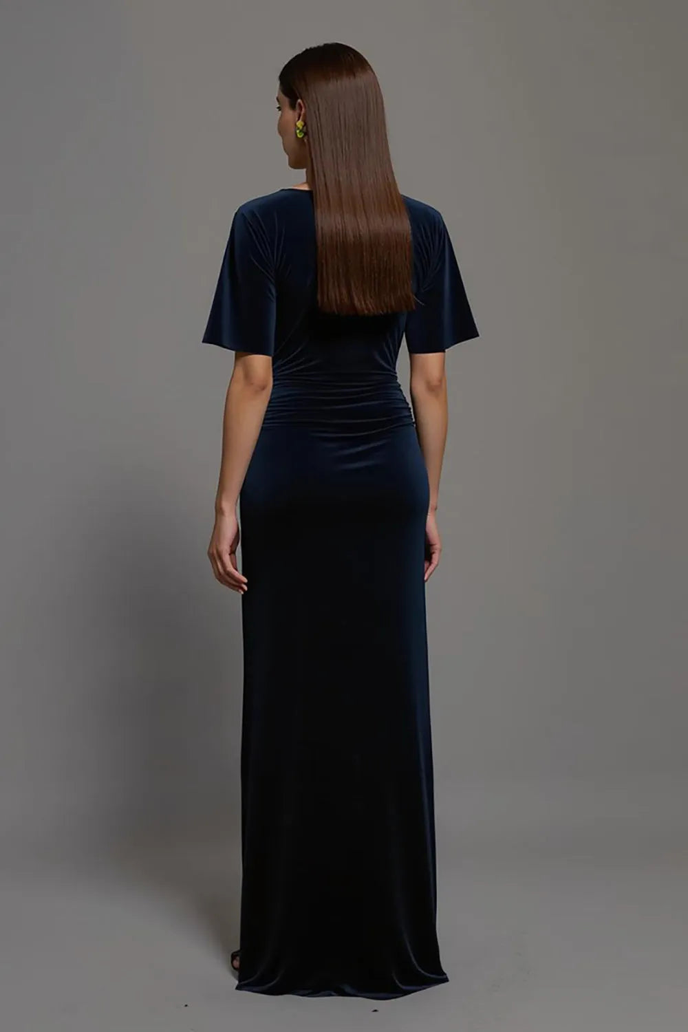 Navy Velvet Bateau Neck Sheath Long Formal Dress with Sleeves ?