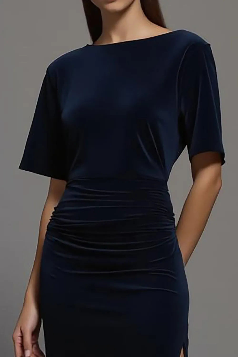 Navy Velvet Bateau Neck Sheath Long Formal Dress with Sleeves ?