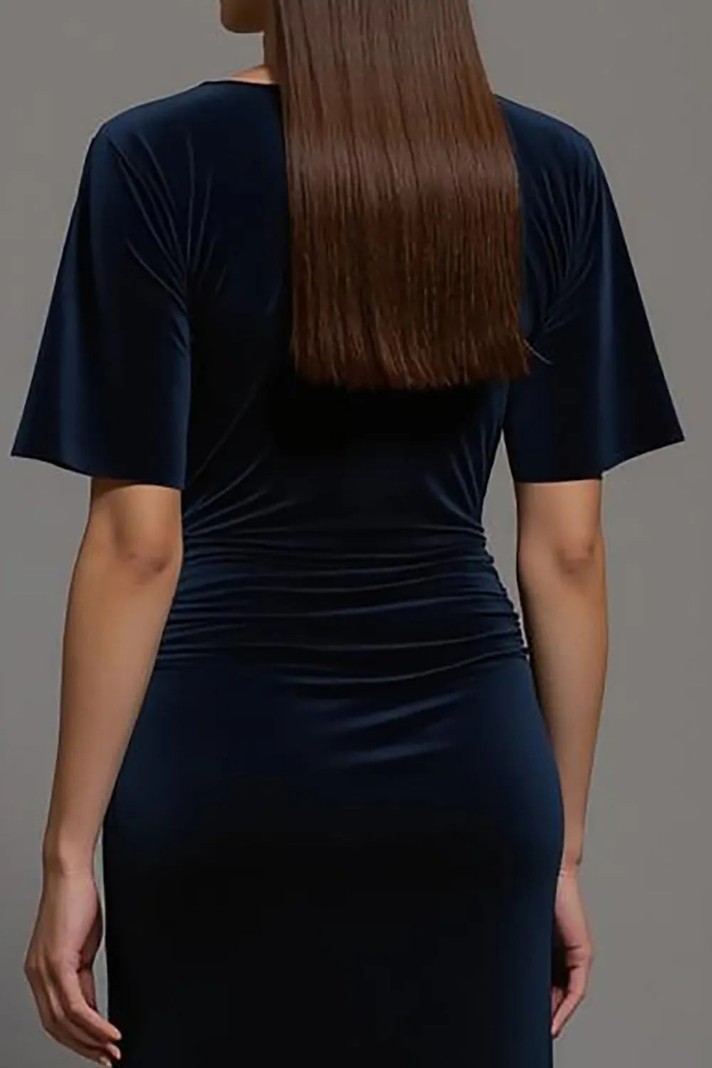 Navy Velvet Bateau Neck Sheath Long Formal Dress with Sleeves ?