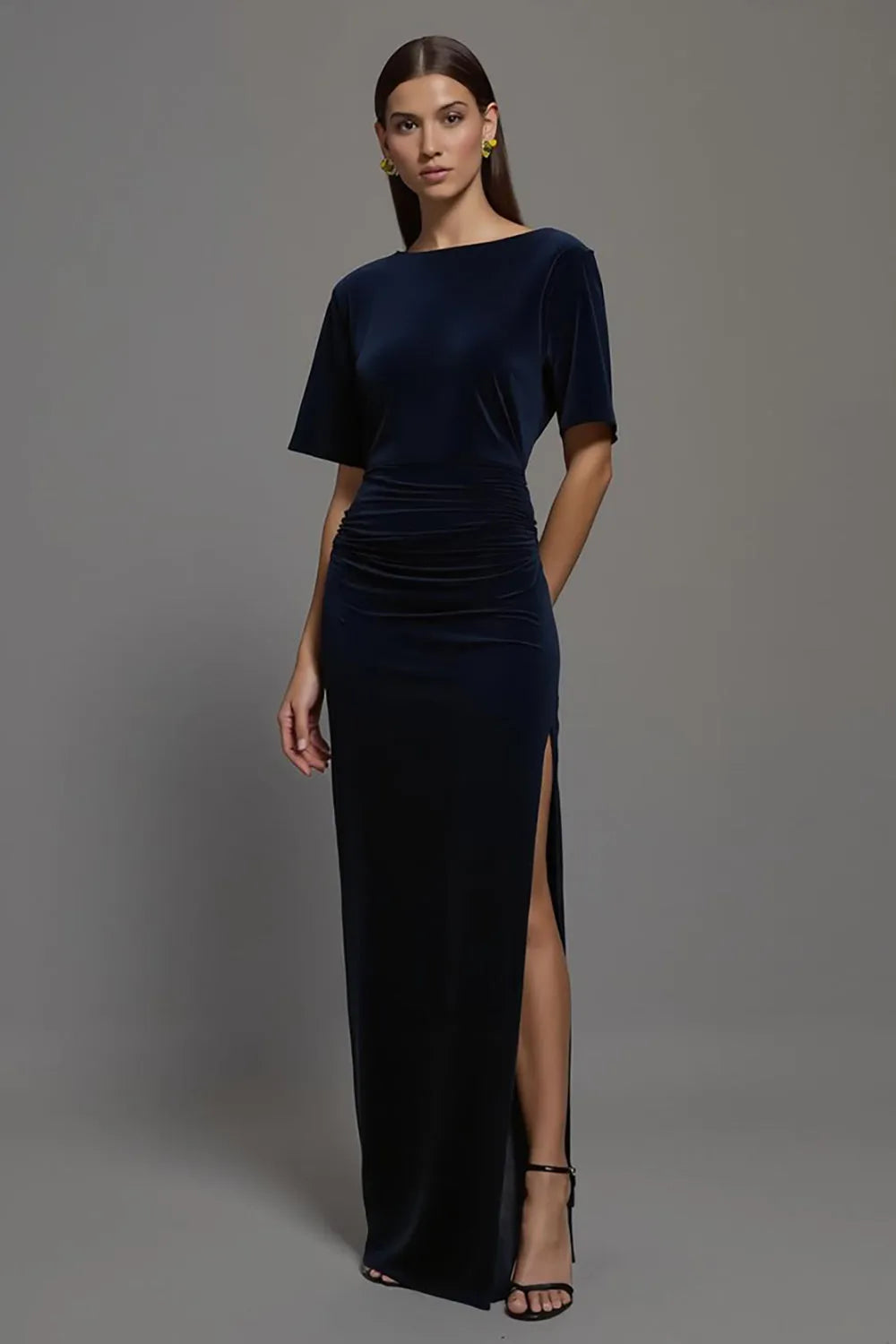 Navy Velvet Bateau Neck Sheath Long Formal Dress with Sleeves ?