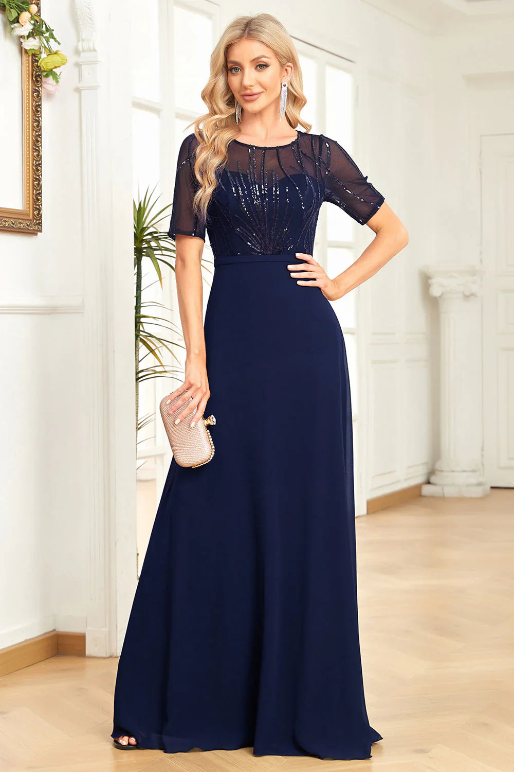 DingJiDress Prom Dress A Line Sparkly Round Neck Sequin Short Sleeves Fashion Elegant Simple Formal Women's Dresses Wedding Guests Dresses