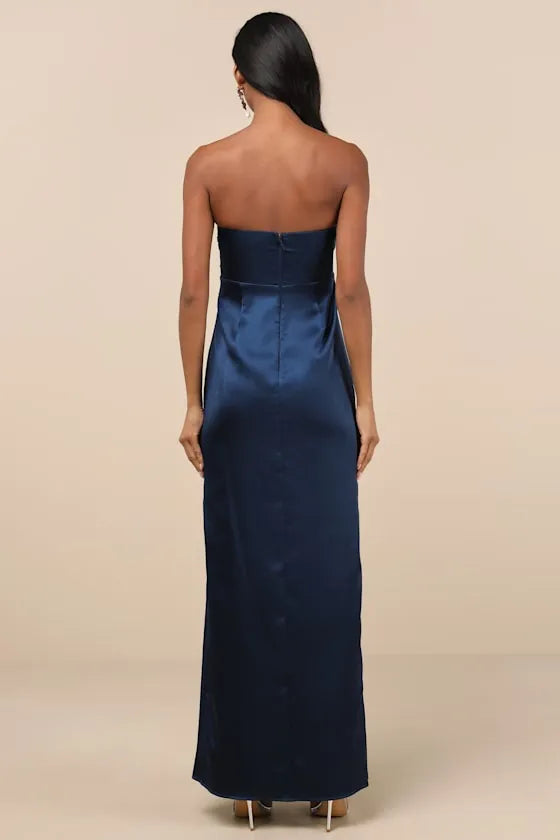 Navy Blue Strapless Satin Prom Dress Bow Front Elegance Flowy Pleated Maxi Skirt A Timeless Choice for Balls Galas  Memorable Formal Events