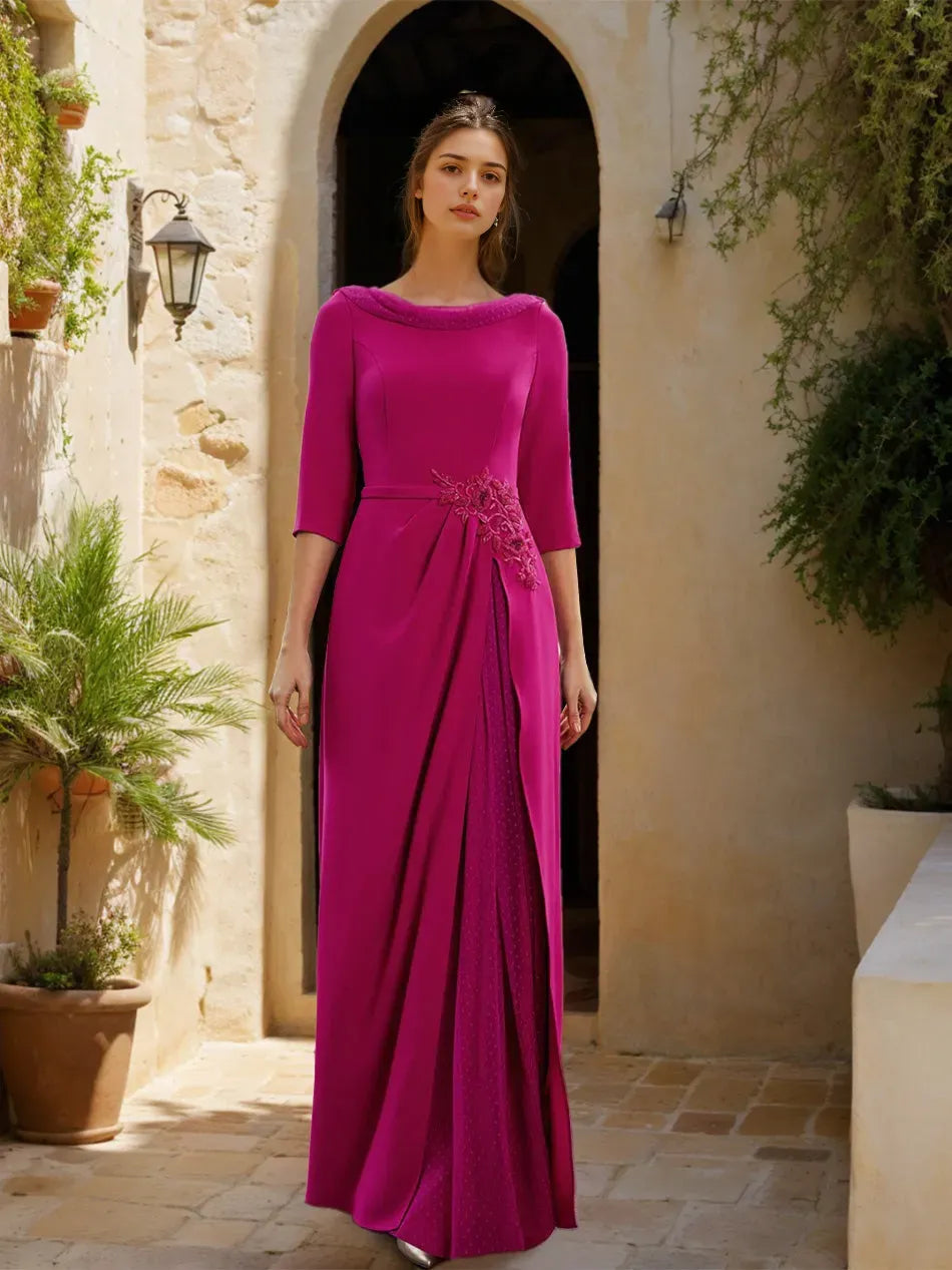 Neck 3/4 Sleeves Floor-Length Mother of the Bride Dresses with Tulle Sash Slit Jewel Appliques