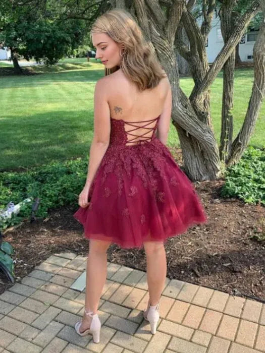 Neck Cross Back Burgundy Lace Short Prom Homecoming Burgundy Lace Formal Graduation Evening