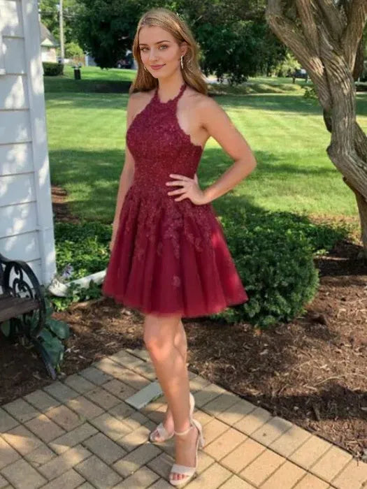 Neck Cross Back Burgundy Lace Short Prom Homecoming Burgundy Lace Formal Graduation Evening