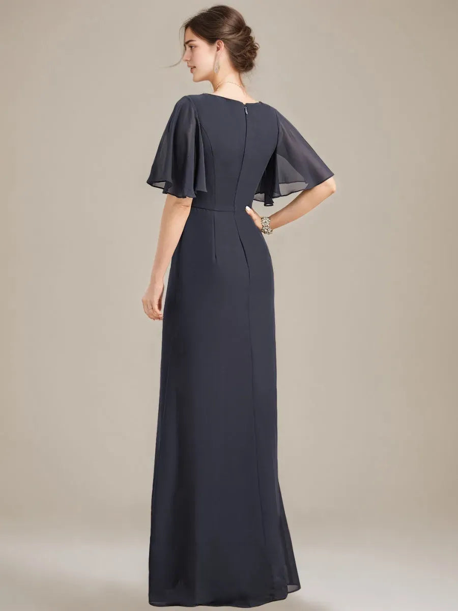 Neck Ruched Floor-Length Mother Of The Bride Dresses with Ruffles Crystals Beads