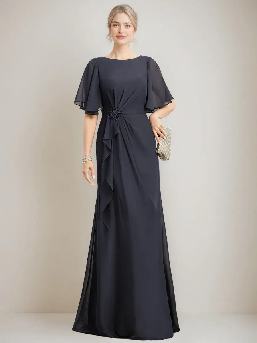 Neck Ruched Floor-Length Mother Of The Bride Dresses with Ruffles Crystals Beads