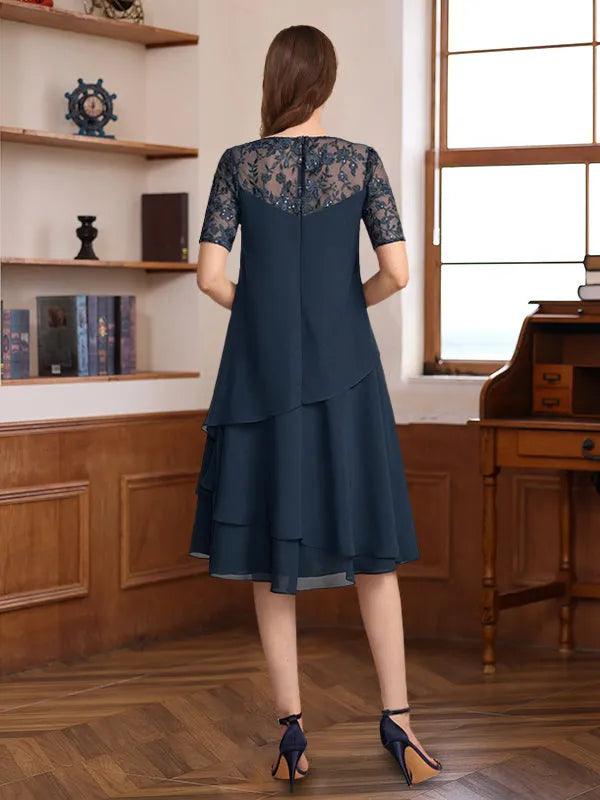 Neck Short Sleeves Knee-Length Mother of the Bride Groom Dresses with Ruffles Lace Appliques Sequins