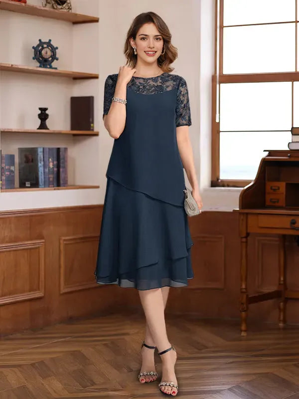 Neck Short Sleeves Knee-Length Mother of the Bride Groom Dresses with Ruffles Lace Appliques Sequins