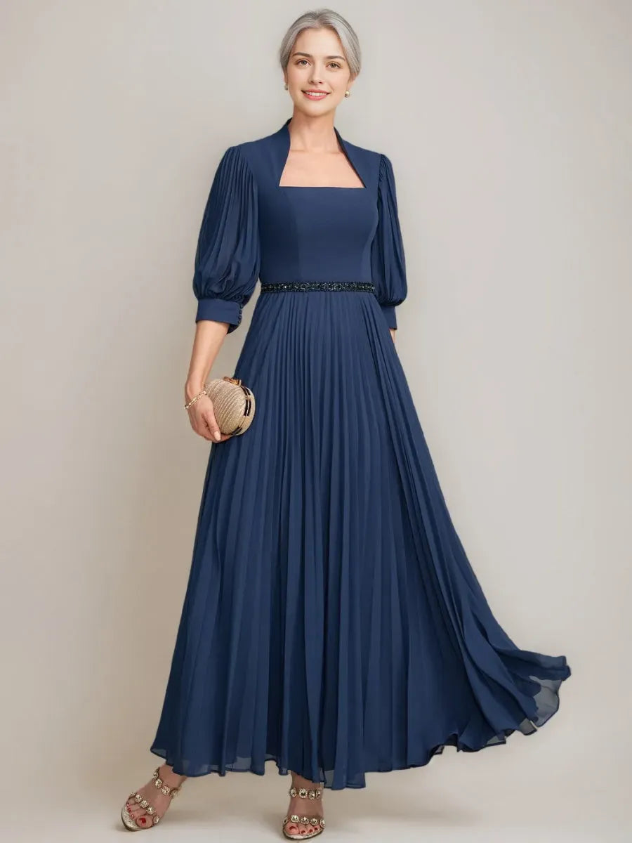 Neckline Ankle-Length Pleated Mother of the Bride Dresses with Sequins Beads