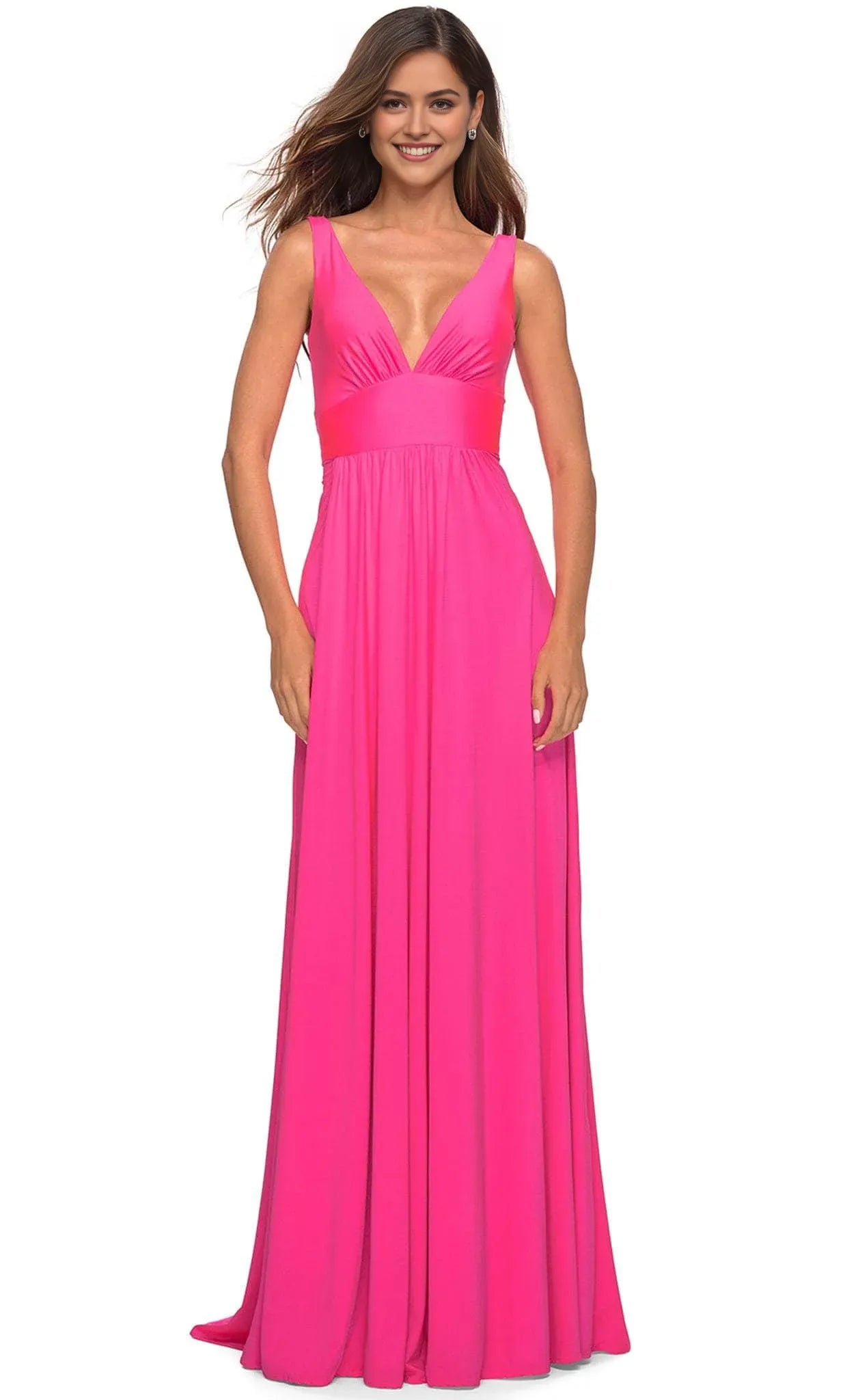 Neon Pink Deep V - Neck Prom Dress with Waistband and High Side Slit Perfect for Formal Evening Occasions