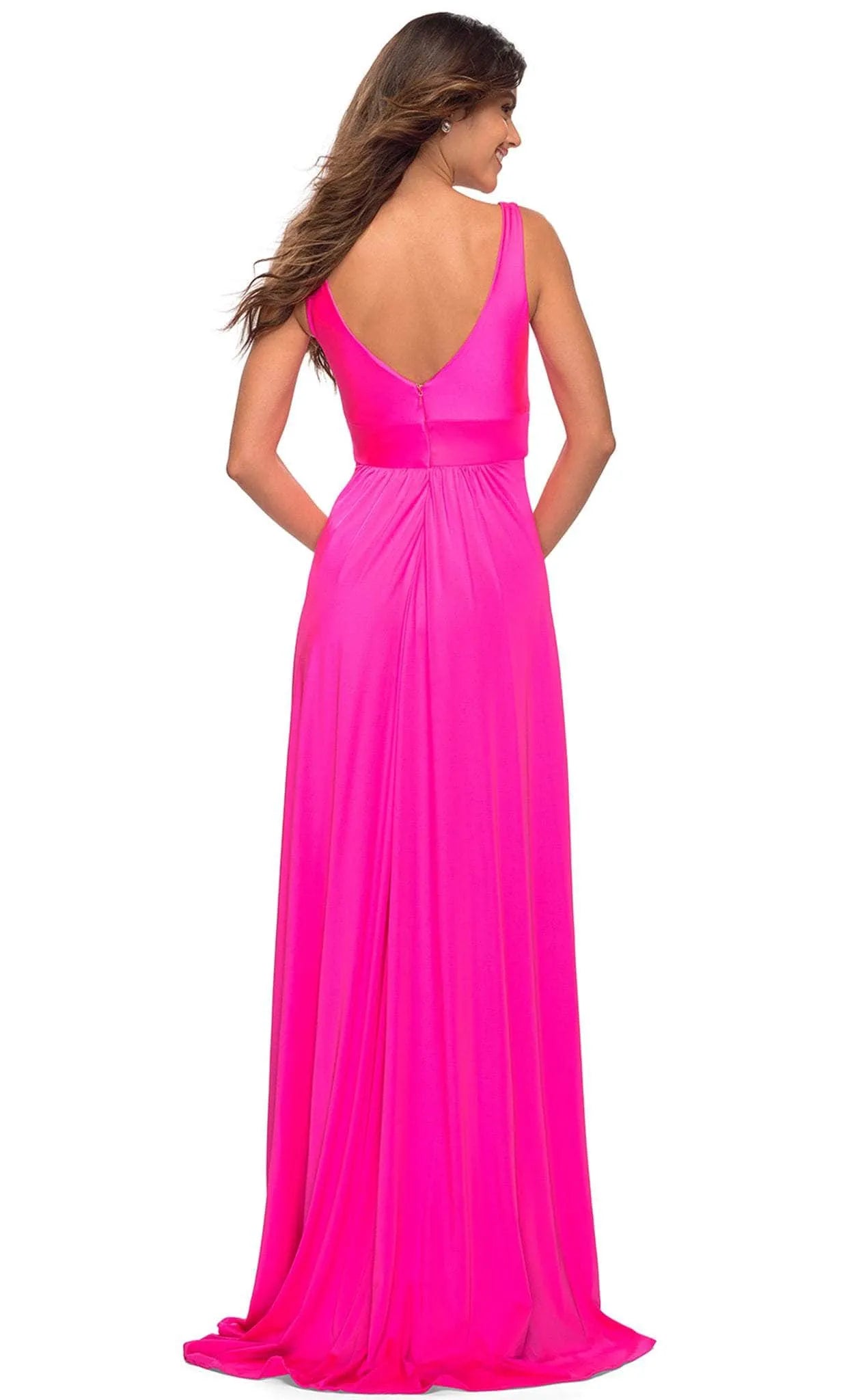 Neon Pink Deep V - Neck Prom Dress with Waistband and High Side Slit Perfect for Formal Evening Occasions