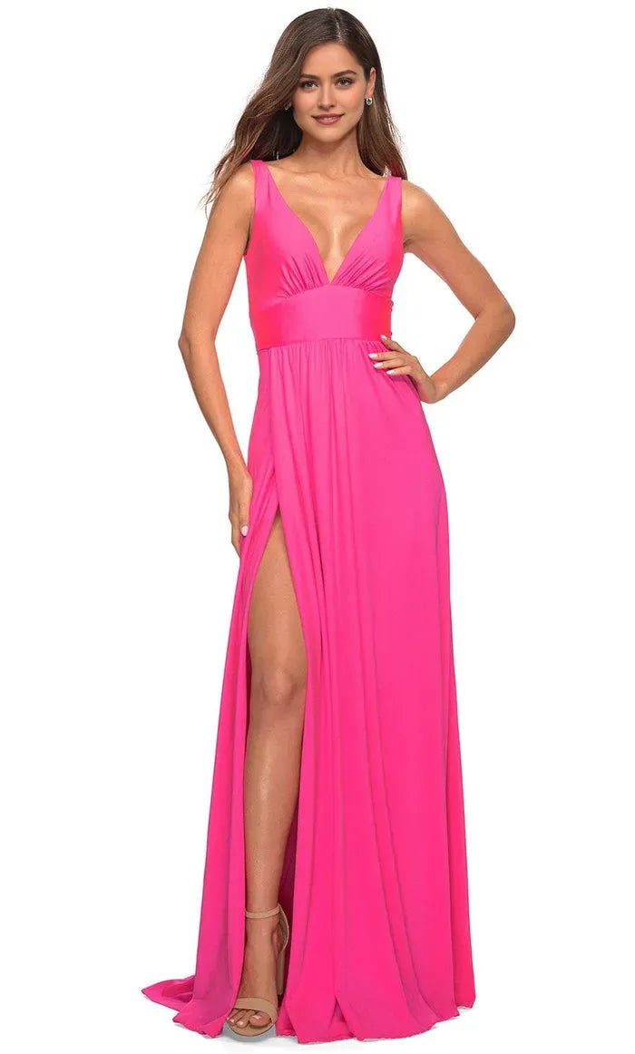 Neon Pink Deep V - Neck Prom Dress with Waistband and High Side Slit Perfect for Formal Evening Occasions