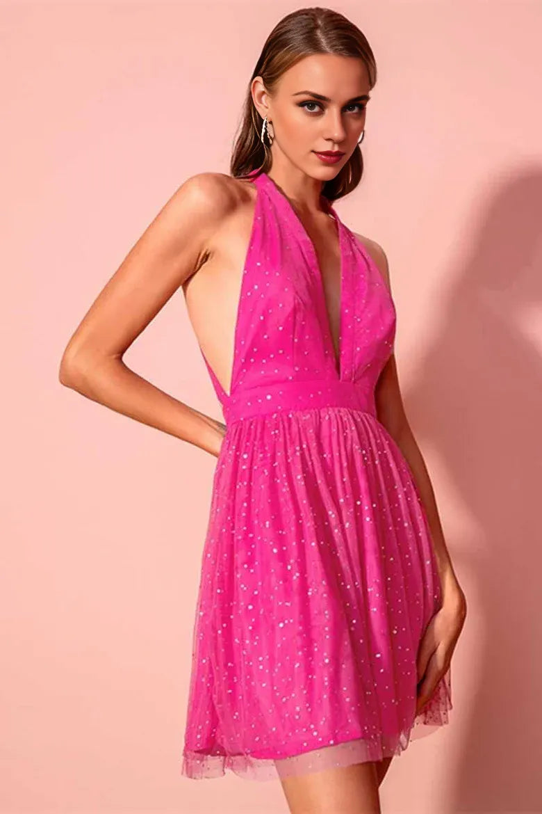 Neon Pink Sequin Halter Backless Short Party Dress