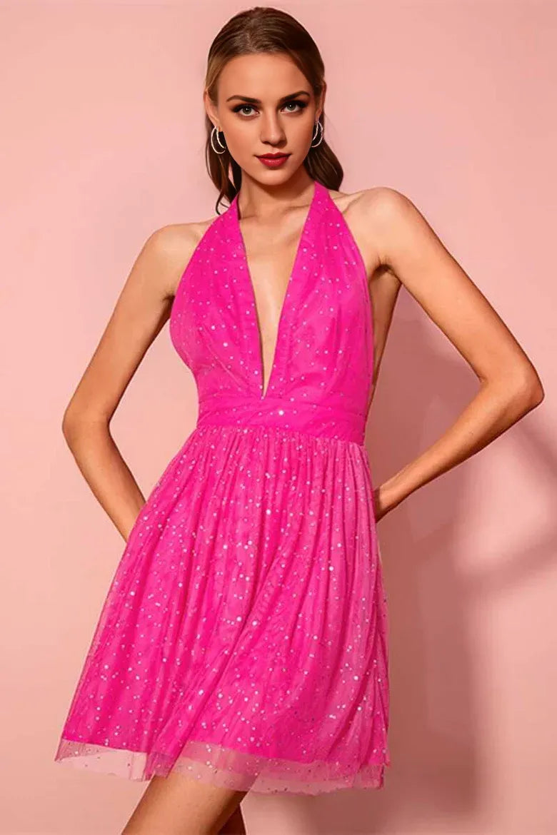 Neon Pink Sequin Halter Backless Short Party Dress