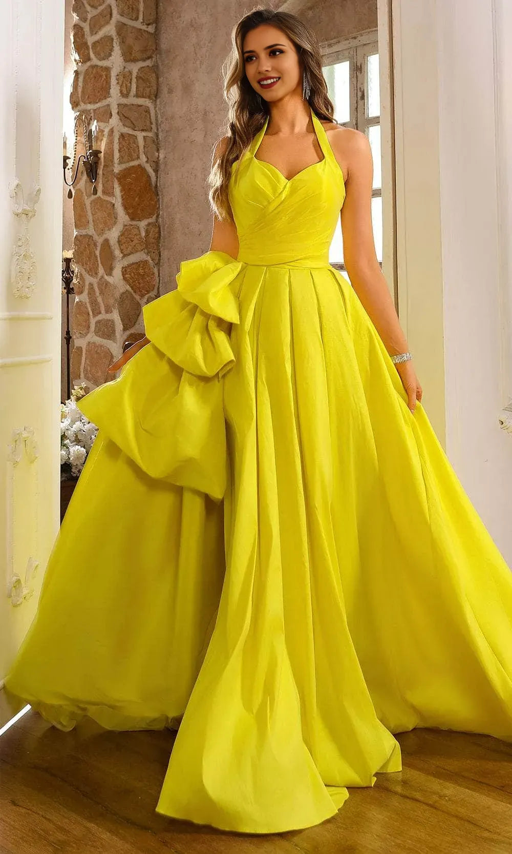 Neon Yellow Halter Neck Prom Gown with Draped Bodice Side Ruffle Detail  High Slit Perfect for Formal Evening Events Galas