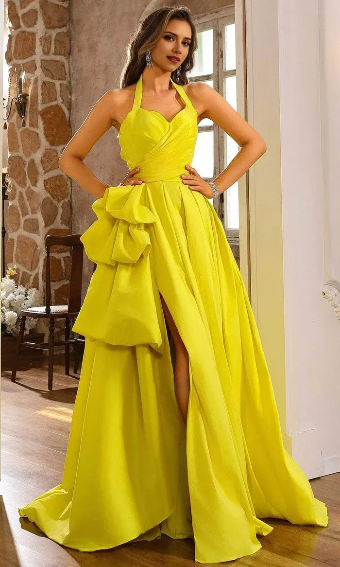 Neon Yellow Halter Neck Prom Gown with Draped Bodice Side Ruffle Detail  High Slit Perfect for Formal Evening Events Galas