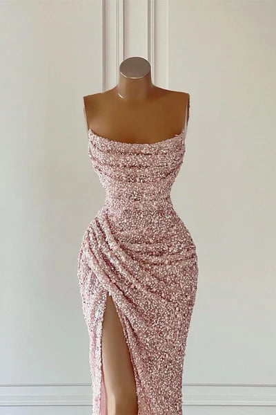 New Arrival Pink Sequins Sleeveless Evening Dresses With Split ?