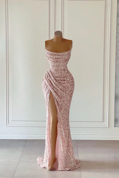 New Arrival Pink Sequins Sleeveless Evening Dresses With Split ?