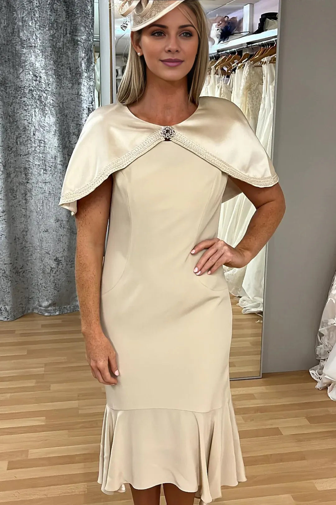Nude Cap Sleeve Mermaid Mother of the Bride Dress with Cape