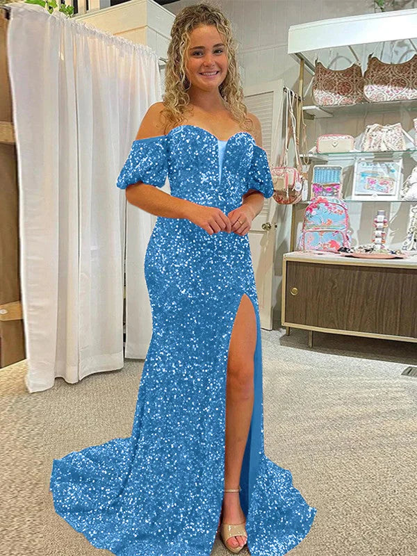 DingJiDress Sheath Off the Shoulder Short Sleeves Long Velvet Sequin Prom Dress