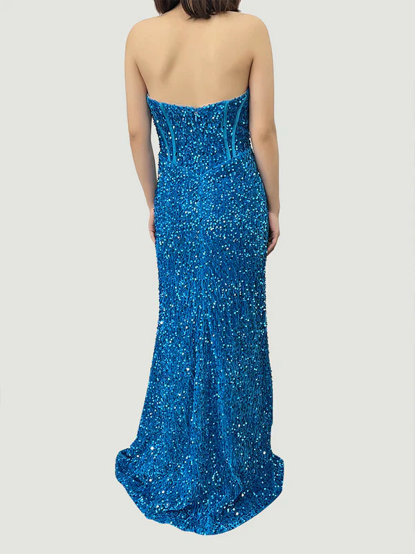 DingJiDress Ocean Blue Velvet Sequin Strapless Fitted Prom Dresses