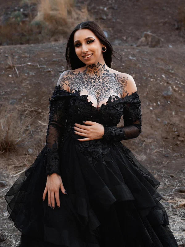 DingJiDress Off Shoulder V-neck Long Sleeves Applique Tiered Skirt Black Gothic Wedding Dress