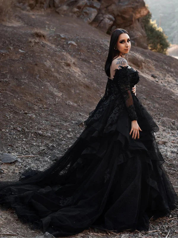 DingJiDress Off Shoulder V-neck Long Sleeves Applique Tiered Skirt Black Gothic Wedding Dress