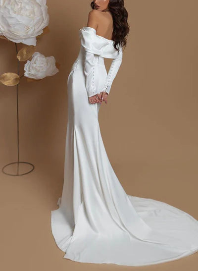 Off-Shoulder Long Sleeves Sweep Train Wedding Dresses
