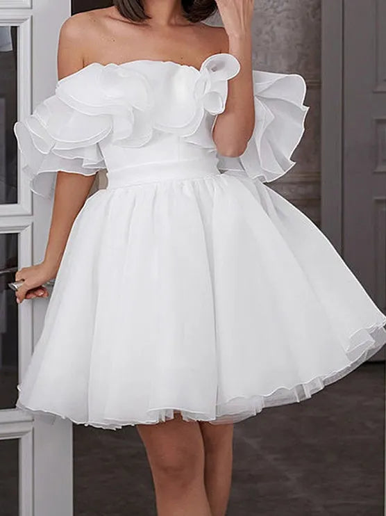 Off - Shoulder Ruffle Wedding Dress Short Tulle Ball Gown Style