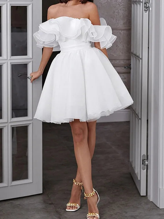 Off - Shoulder Ruffle Wedding Dress Short Tulle Ball Gown Style