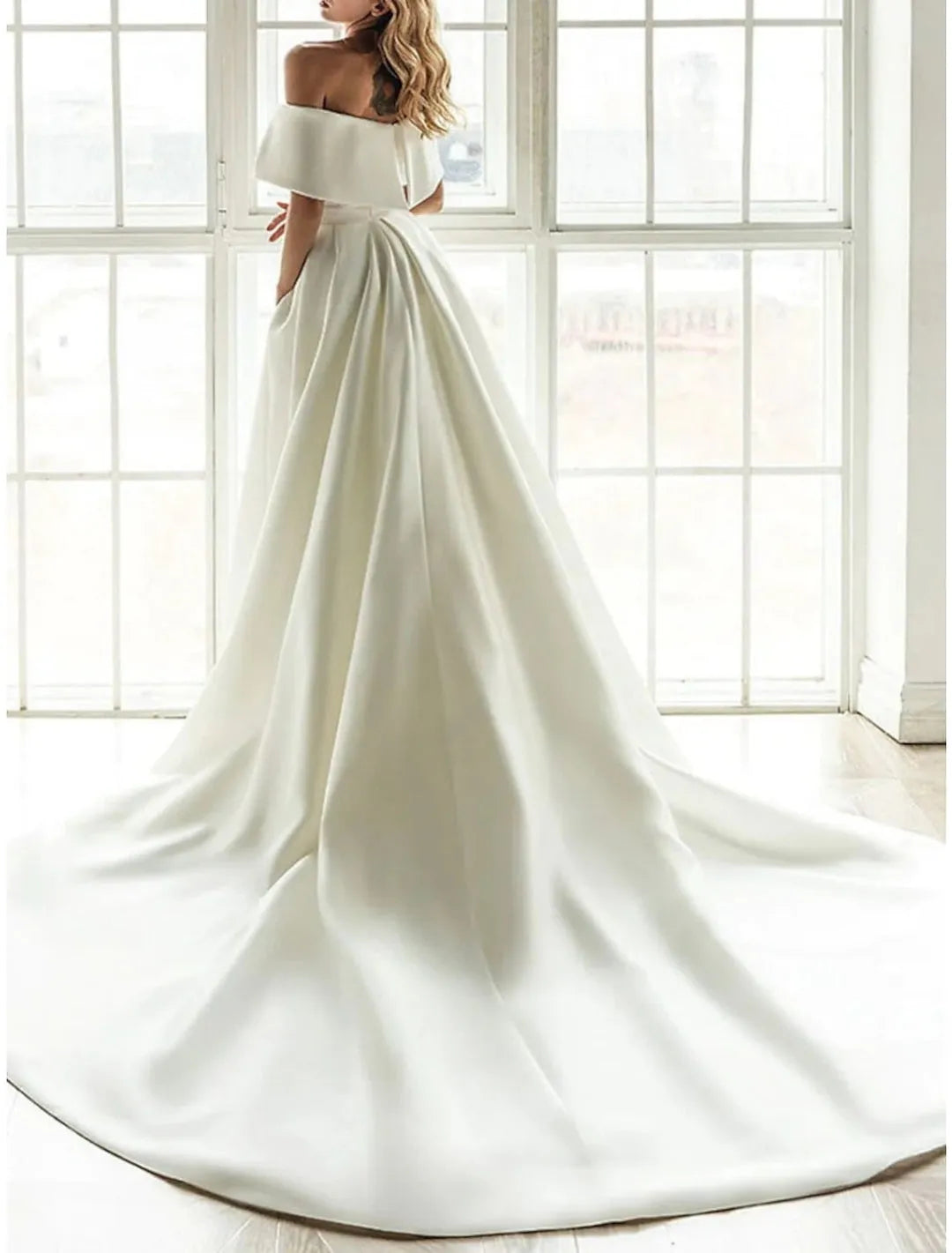 Off - Shoulder Satin Wedding Dress Mermaid Silhouette Dramatic Train
