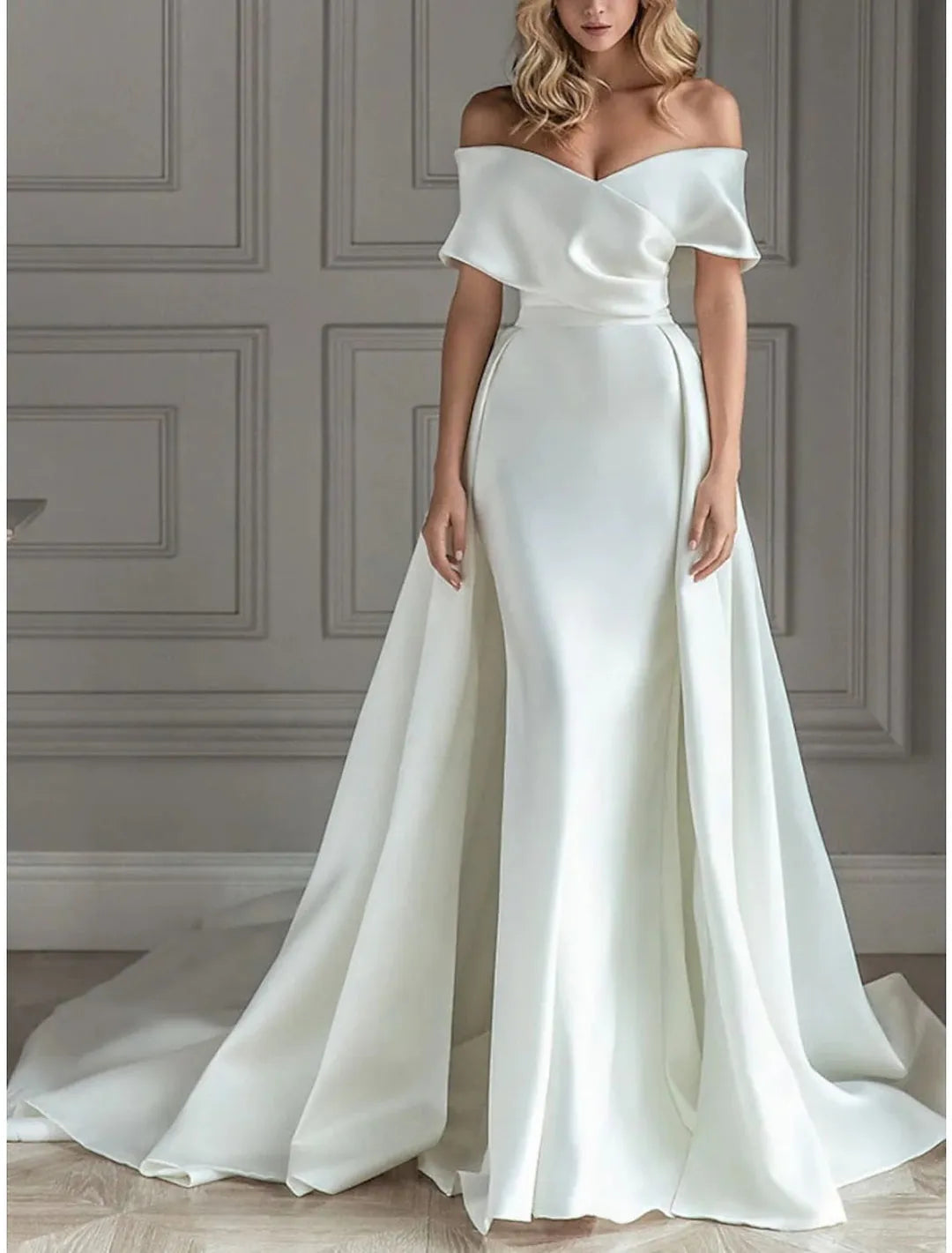 Off - Shoulder Satin Wedding Dress Mermaid Silhouette Dramatic Train