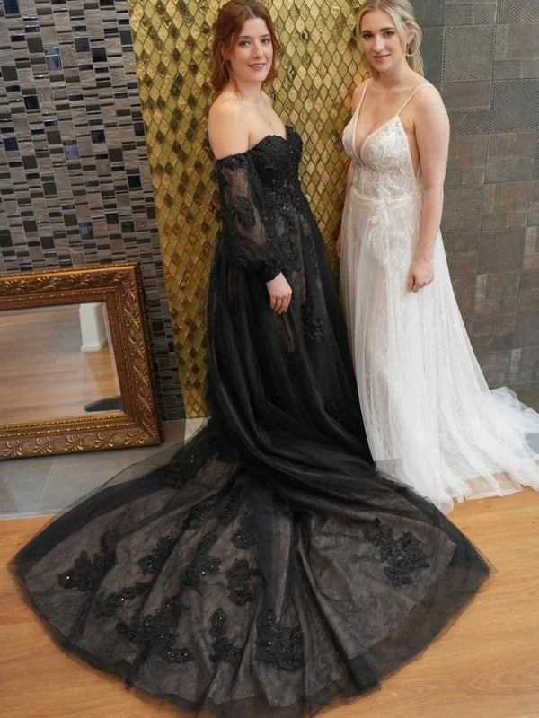 DingJiDress Off The Shoulder Long Sleeves Alternative Black Wedding Dresses