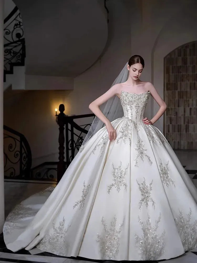 Off-The-Shoulder Cathedral Train Pleated Wedding Dresses with Jewel Appliques