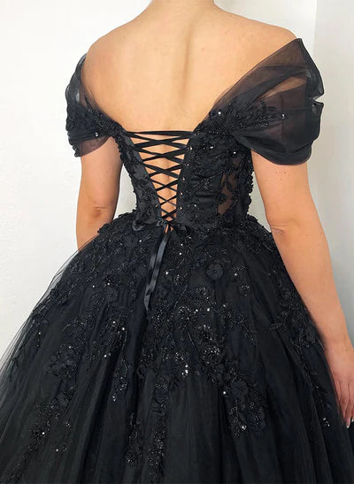 Off-The-Shoulder Chic A-line Wedding Dress Short Sleeves in Lace Tulle