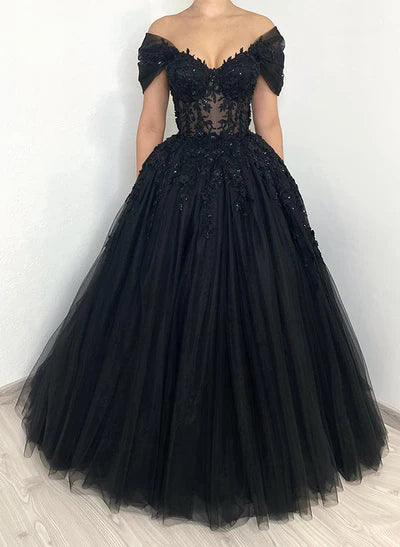 Off-The-Shoulder Chic A-line Wedding Dress Short Sleeves in Lace Tulle