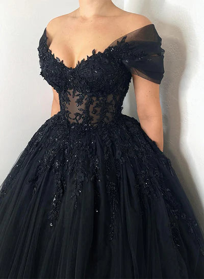 Off-The-Shoulder Chic A-line Wedding Dress Short Sleeves in Lace Tulle