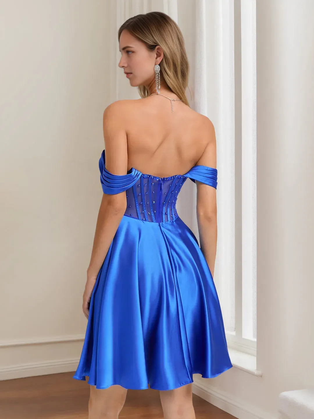Off-The-Shoulder Pleated Short/Mini Homecoming Dresses with Rhinestones & Beads