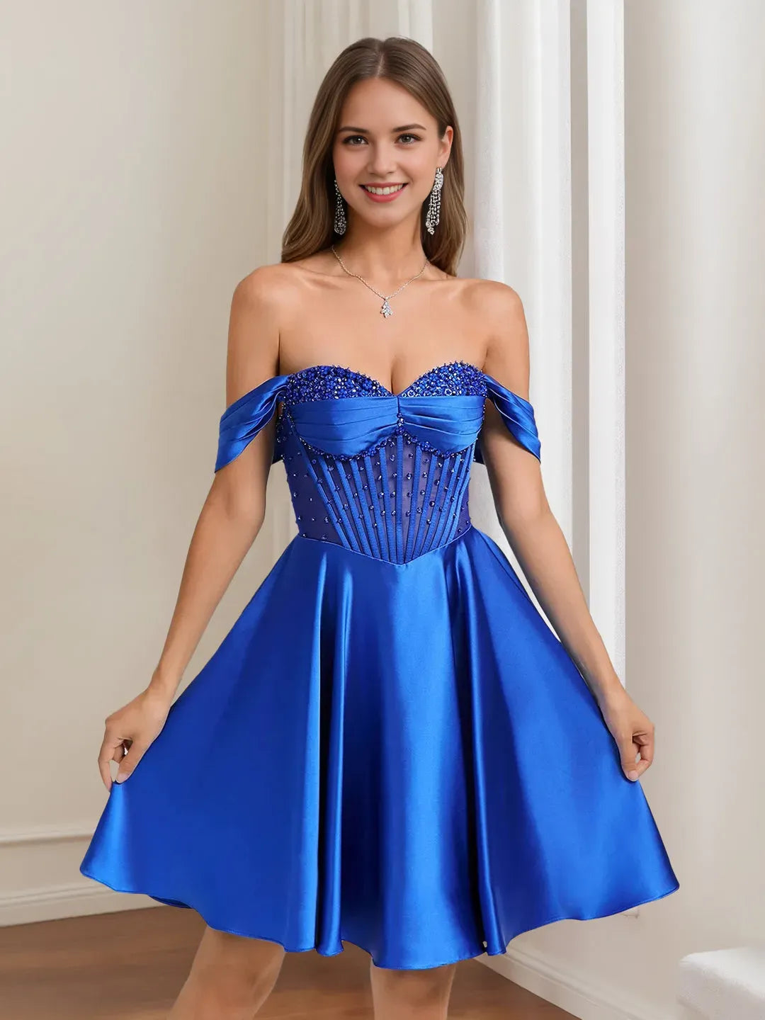 Off-The-Shoulder Pleated Short/Mini Homecoming Dresses with Rhinestones & Beads