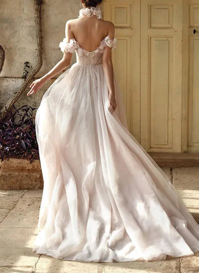 Off-The-Shoulder Tulle Flowers Wedding Dresses Romantic