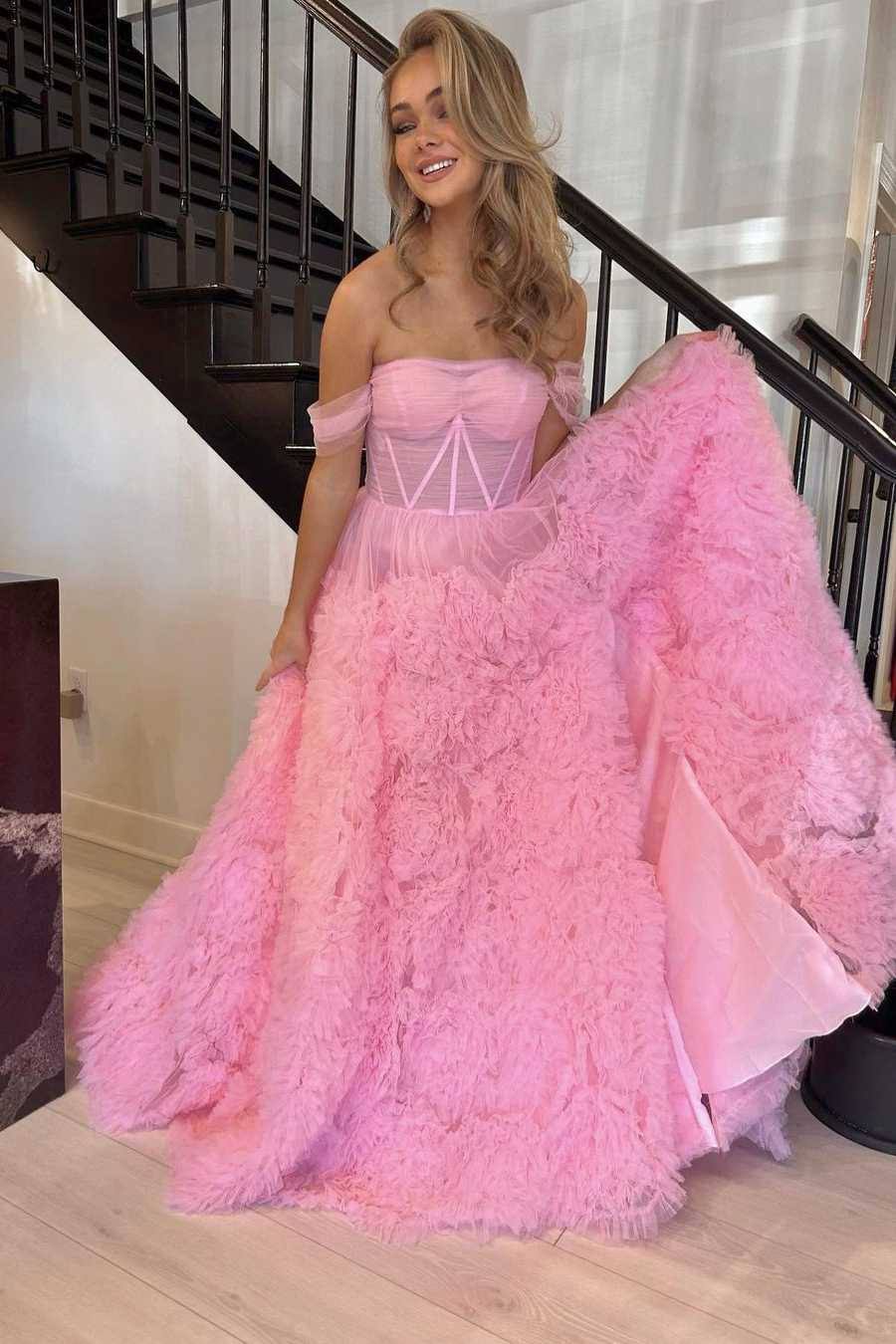 DingJiDress Prom Dress  A-Line Off the Shoulder Tulle Princecss with Slit