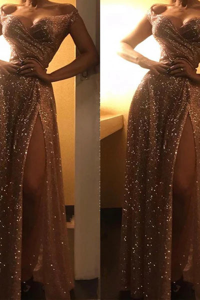 Off-the-Shoulder Charming Gold Sequins Evening Dresses Chic Side Slit Prom Dresses