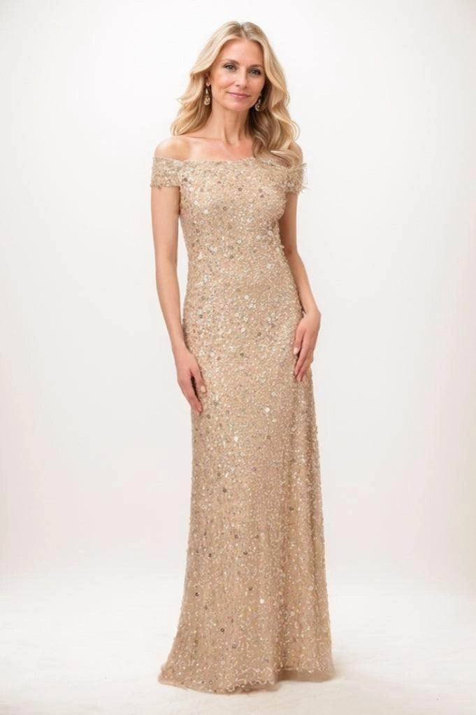 Off-the-Shoulder Floor Length Sequined Mother Of The Bride Dress