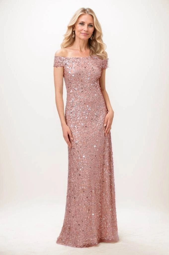 Off-the-Shoulder Floor Length Sequined Mother Of The Bride Dress