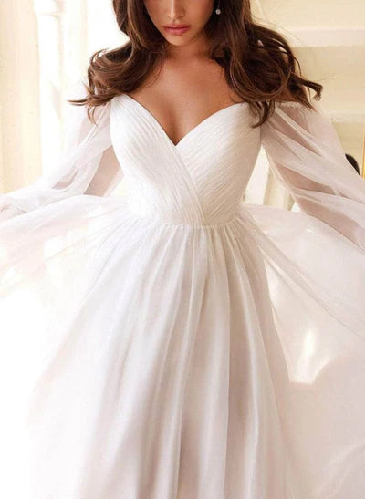 Off-the-Shoulder Long Sleeves Chiffon Floor-Length Wedding Dress