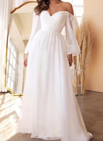 Off-the-Shoulder Long Sleeves Chiffon Floor-Length Wedding Dress