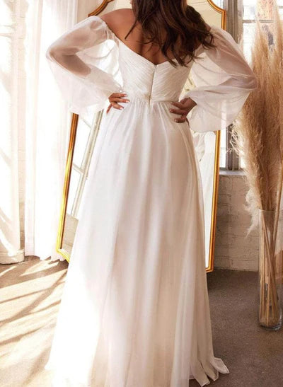 Off-the-Shoulder Long Sleeves Chiffon Floor-Length Wedding Dress